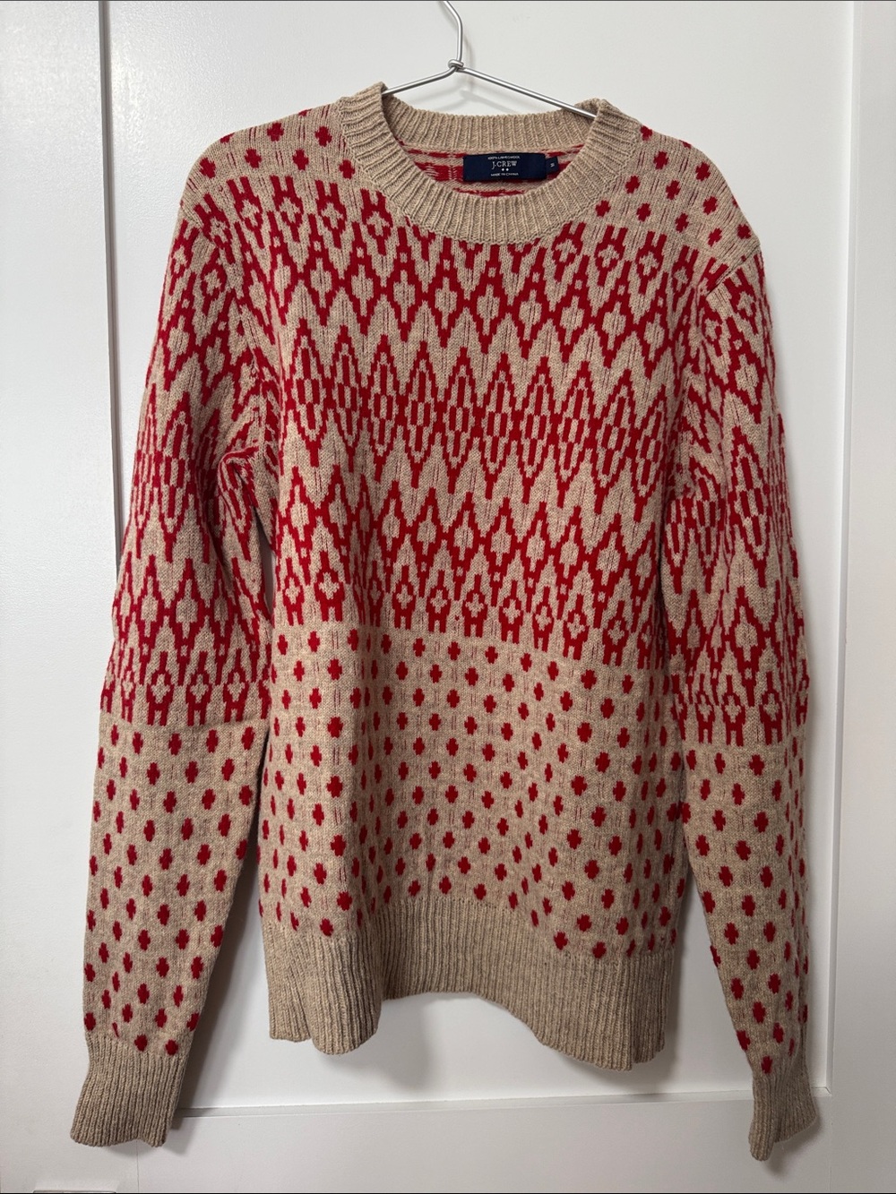 J. Crew Beige and Red Patterned Knit Sweater
